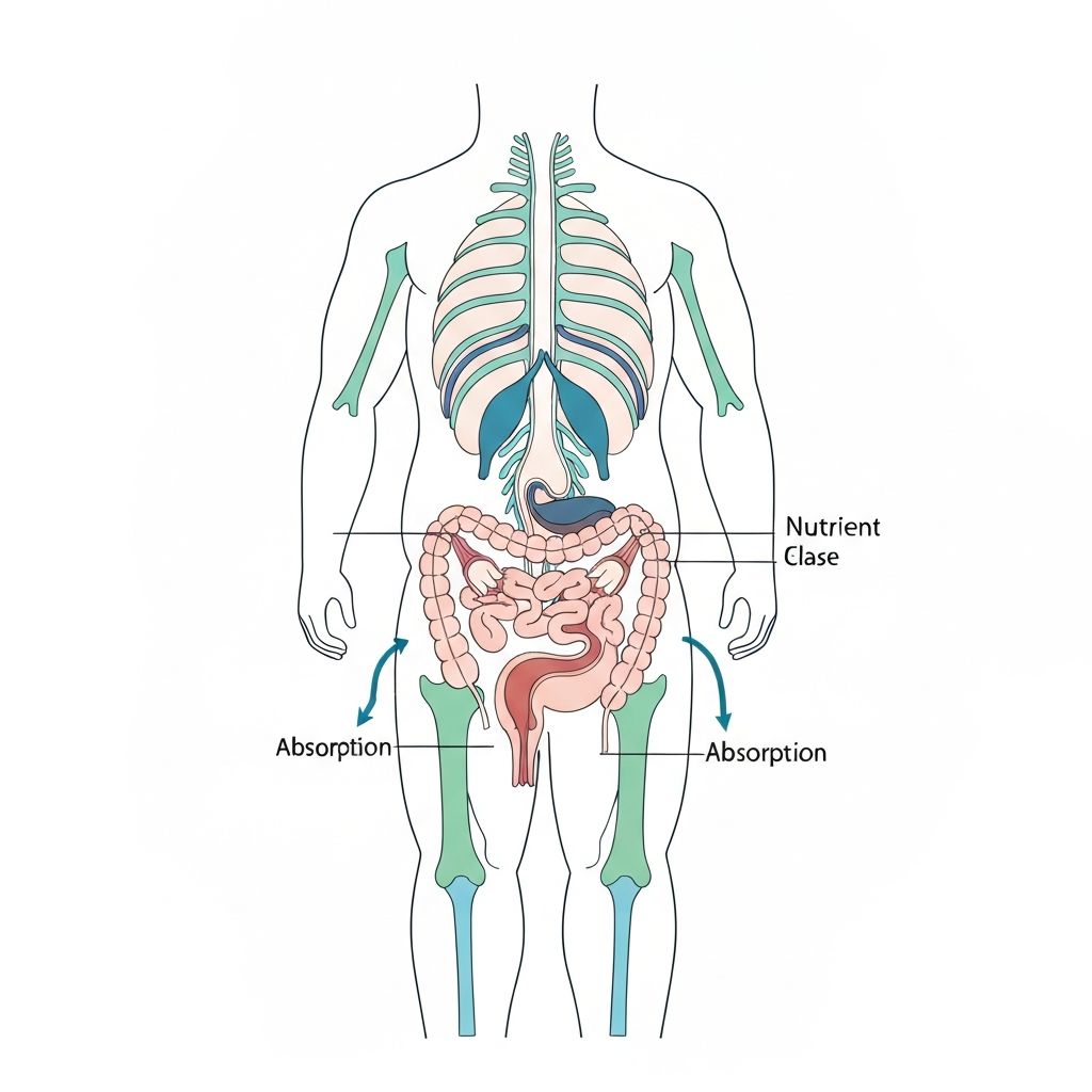 Scientific illustration of male physiology and nutrient absorption
